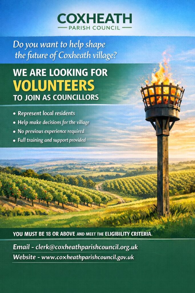 Image of an advert asking for volunteers to join as a councillor. Image images countryside views with a beacon